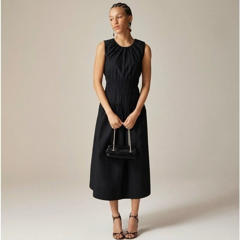 J. Crew Hyacinth Black Sleeveless Smocked Waist Midi Dress Style CI931 XS